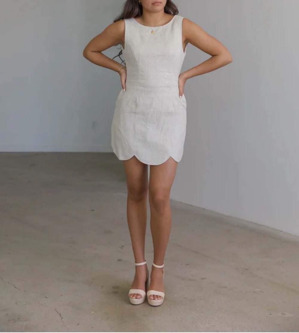 Tink & Posh Oatmeal Scallop Hem Sleeveless Linen Mini Dress